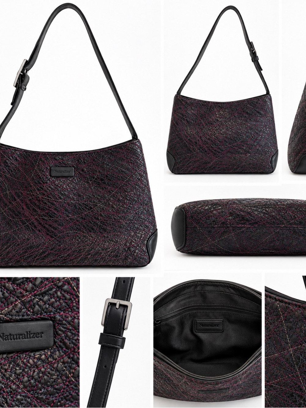 Naturalizer Black Burgundy Textured Shoulder Bag Purse Adjustable Strap